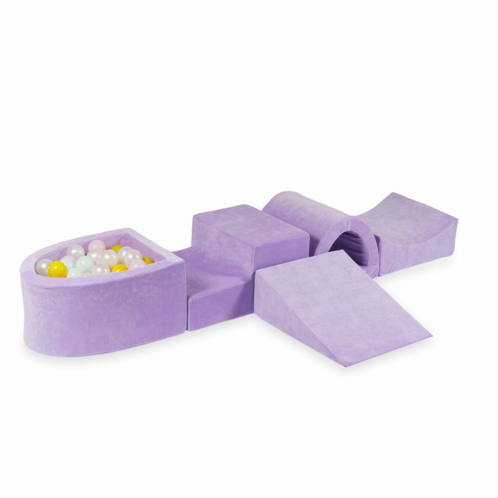 Piankowy Plac Zabaw Z Mostkiem I Z Basenem Micro Velvet Soft Fioletowy + 100 Piłek: Perłowe, Jasnoróżowe, Żółte, Jasnomiętowe