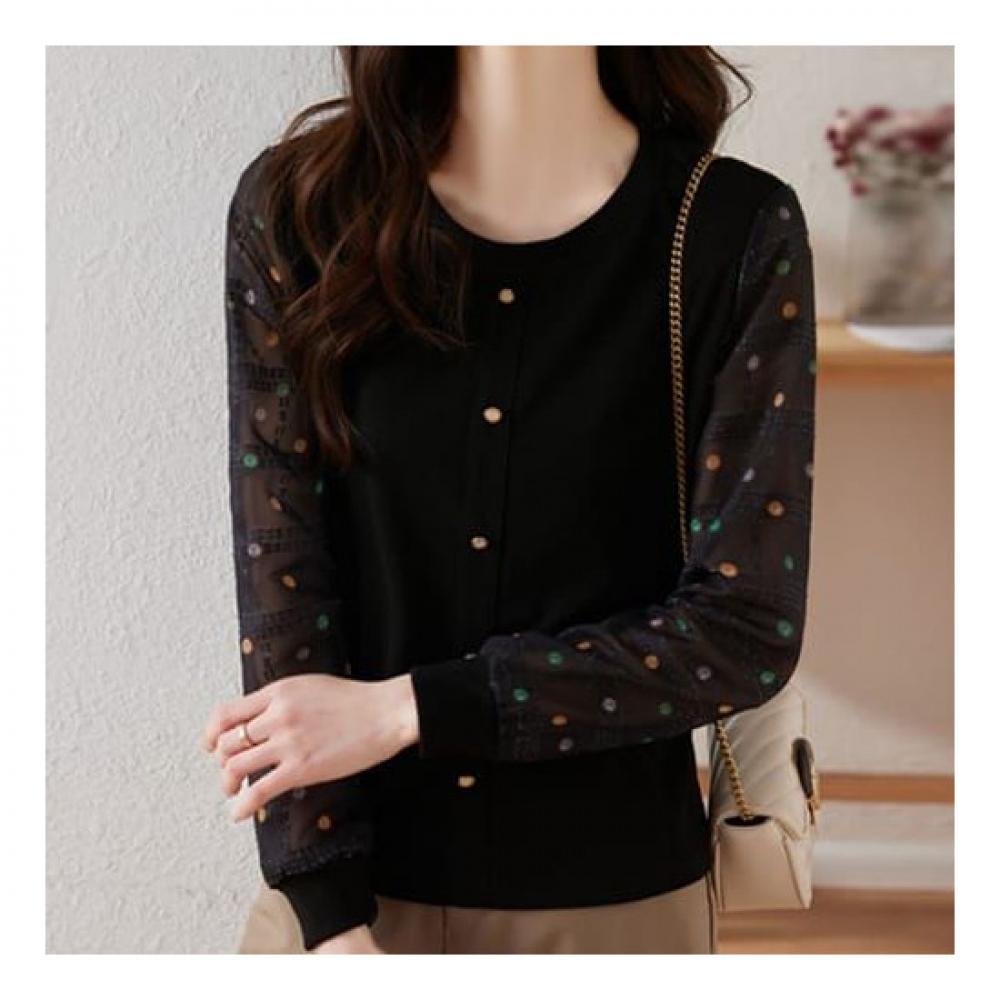 Navava Sheer Dot Round Neck Long Sleeve Blouse Nb1982