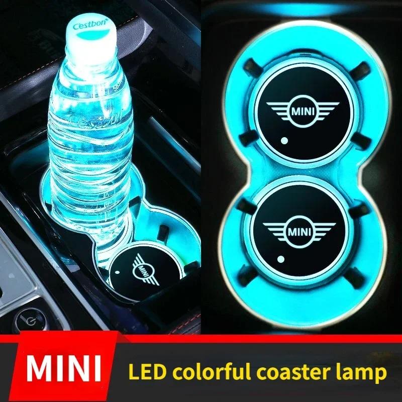 2pcs Car Led Light Cup Coaster Mat Drinks For f333 Cooper JCW F54 F55 F56 R54 R55 R56 Clubman Countryman Seven-tone LED Luminous 333f