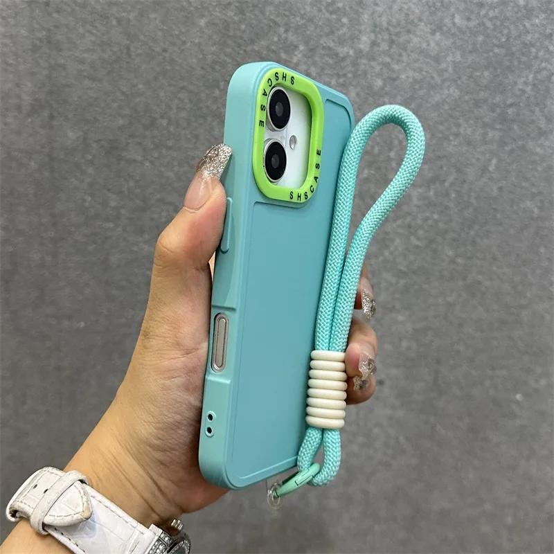 Fashion Lens Collision Color Wrist Strap Cases for iPhone 17 16 15 14 13 12 11 Pro Max Plus 17 Air Matte Silicone Lanyard Cover