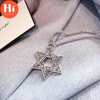 Hi Six-pointed Star of David Pendant Necklace Double-sided Retro Titanium Steel Punk Jewelry for Men Boys