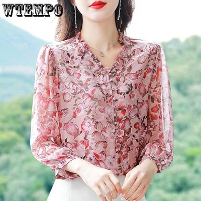 Damen Chiffon Bluse mit Blumenmuster Sommer Locker Temperament Lässig und Modisch Damen Neun-Zoll-Ärmel Bluse