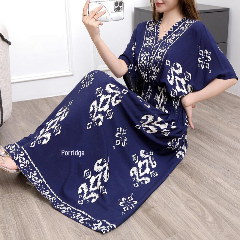 26-Year Floral V-Neck Cotton Silk Batwing Sleeve Beach Dress - Thailand Travel & Vacation Skirt Style