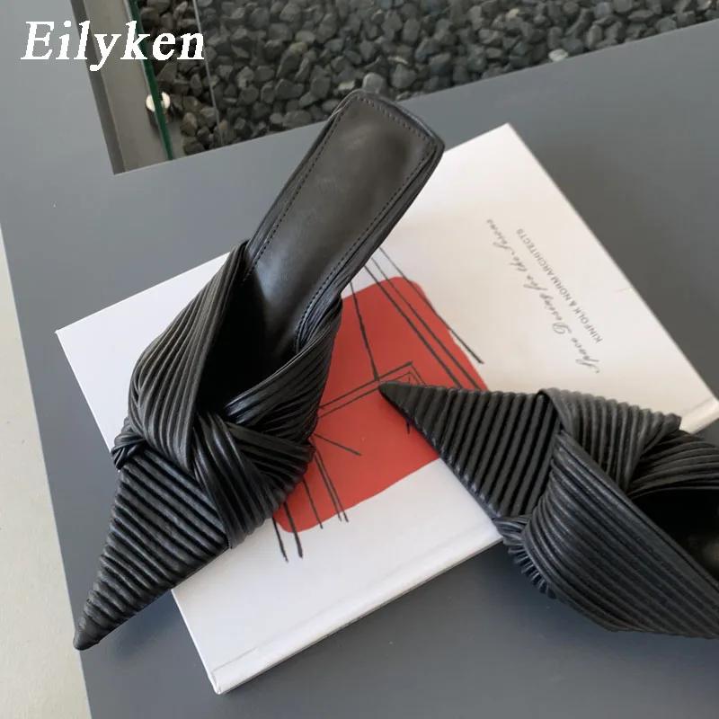 

Eilyken Новый Летний Дизайн Плиссированные Женские Шлепанцы Тонкий Низкий Каблук Острый Носок Женские Сексуальные Вечерние Туфли Лодочки Сандалии Обувь Zapatos De Mujer 35 чёрный