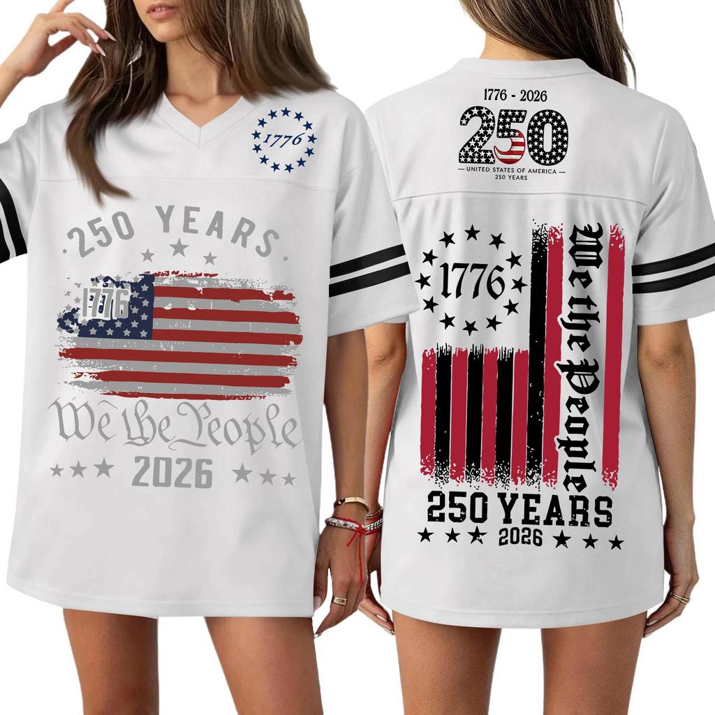 Womens Casual V Neck Jersey Style Short Sleeve Top 250th Anniversary Independence Day Print Loose Fit Sports T Shirt