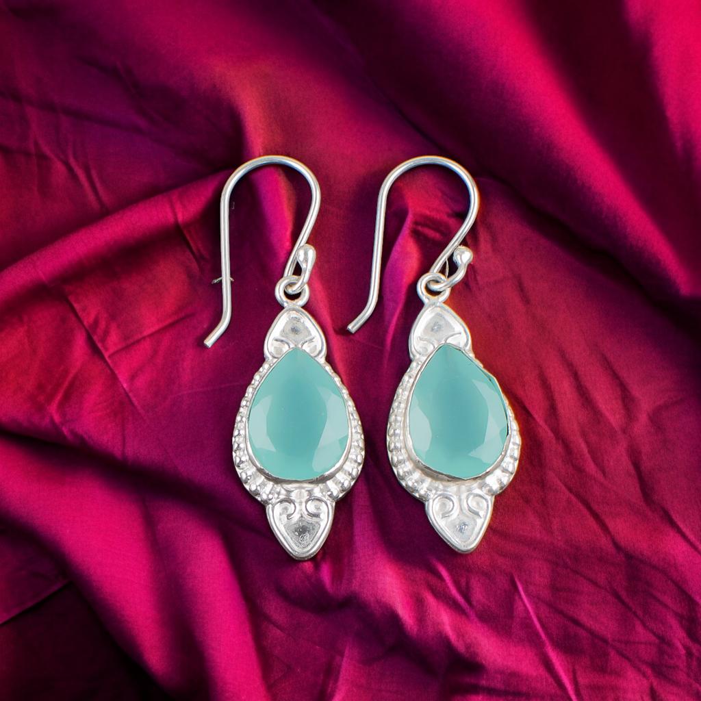 Aqua Chalcedony Gemstone 925 Solid Silver Jewelry Handmade Women Earrings 1.80" EE-42-16