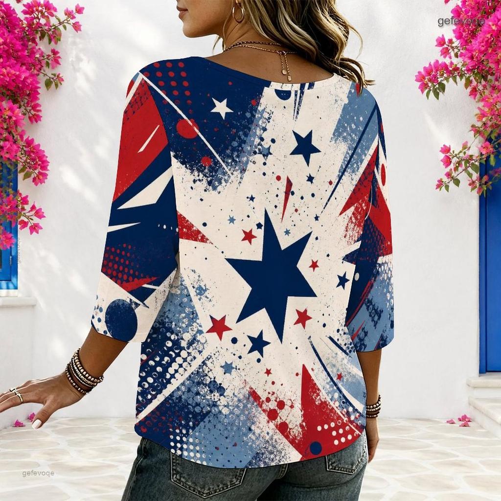 Women Plus Size Round Neck Half Sleeve Loose Fit Printed Blouse Red Blue White Star Print