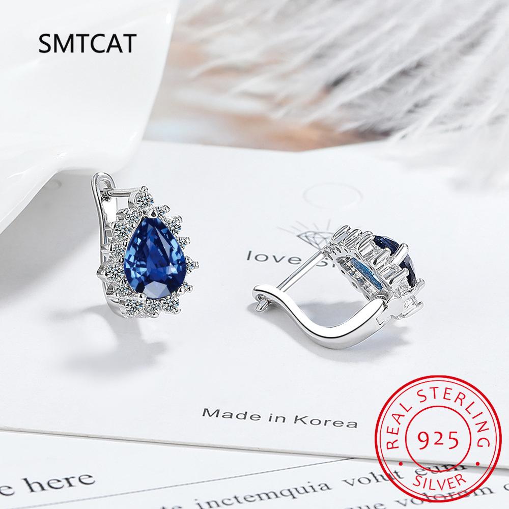 Pear Genuine Natural Blue Topaz 925 Sterling Silver Water Drop Hoop Earrings for Women Fashion Statement Gemstone Jewelry
