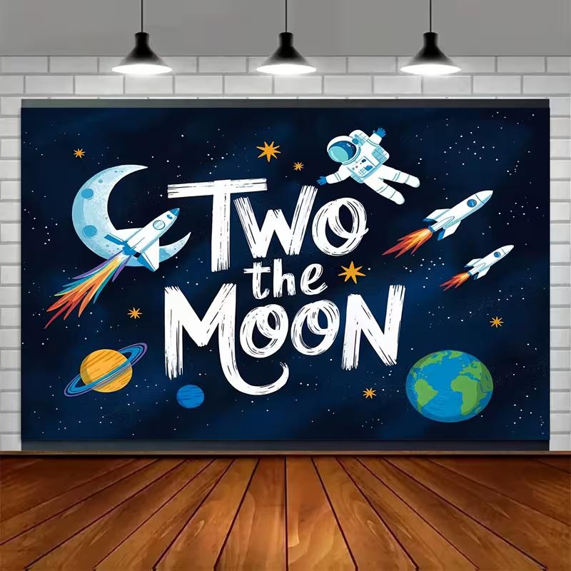2D Outer Space Astronaut & Rocket Backdrop "Two the Moon" Birthday Photo Booth