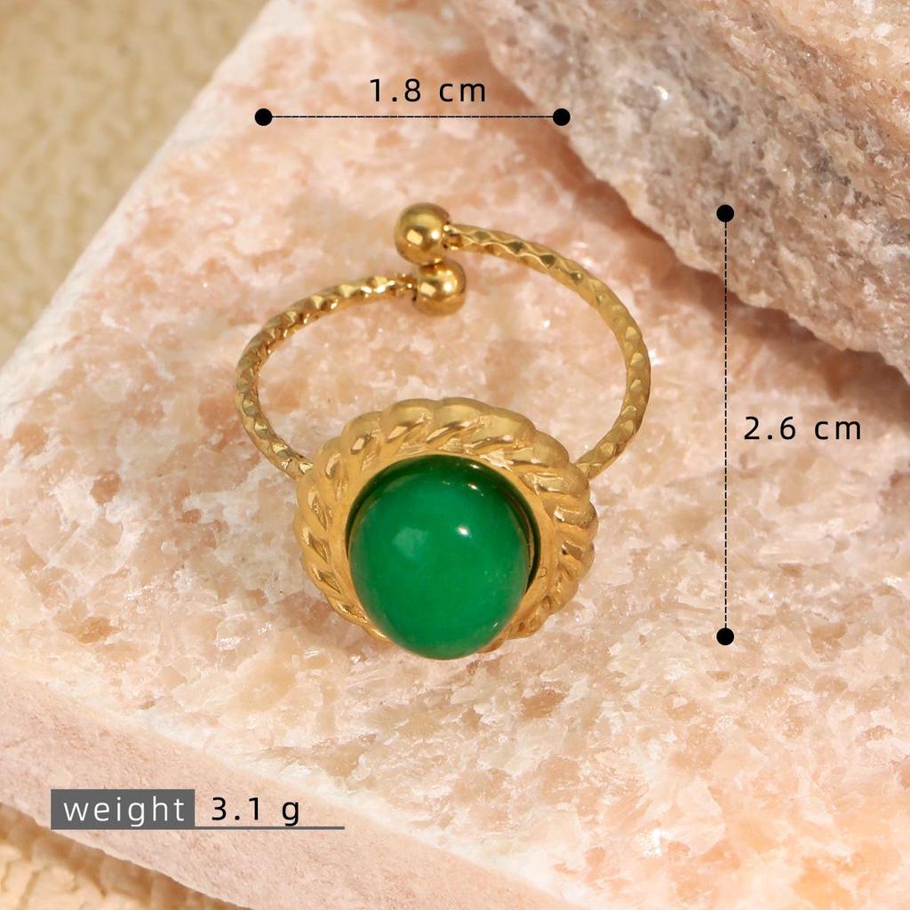 18K Gold-Plated Stainless Steel Open Adjustable Retro Natural Stone Ring