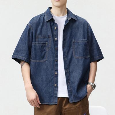 Herren Kurzarm Baumwollhemd Sommer Button-Down Revers Denimhemden mit Taschen