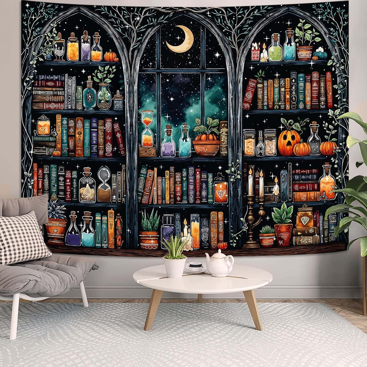 Jmg Household Supplies Unisex Dark Magic Bookshelf Tapestry Gothic Witchy Potion Academia Wall Tapestry For Bedroom Aesthetic Hippie Moon Pumpkin Library