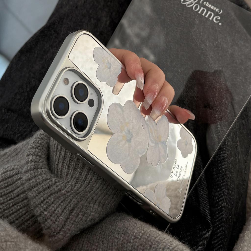 Gentle and elegant, suitable for iPhone 16, iPhone 15 Pro Max, iPhone 17, mirror flower design, Korean style, electroplated for iPhone 13 and 15