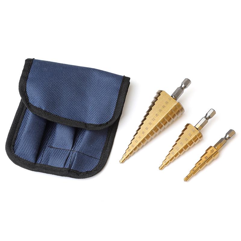 3Pcs Cloth Bag 3-12 4 -12 4-20MM HSS Straight Fluted Pagoda Step Drill Hex Shank Reamer Bit Set Titanium Coated Wood Metal Hole