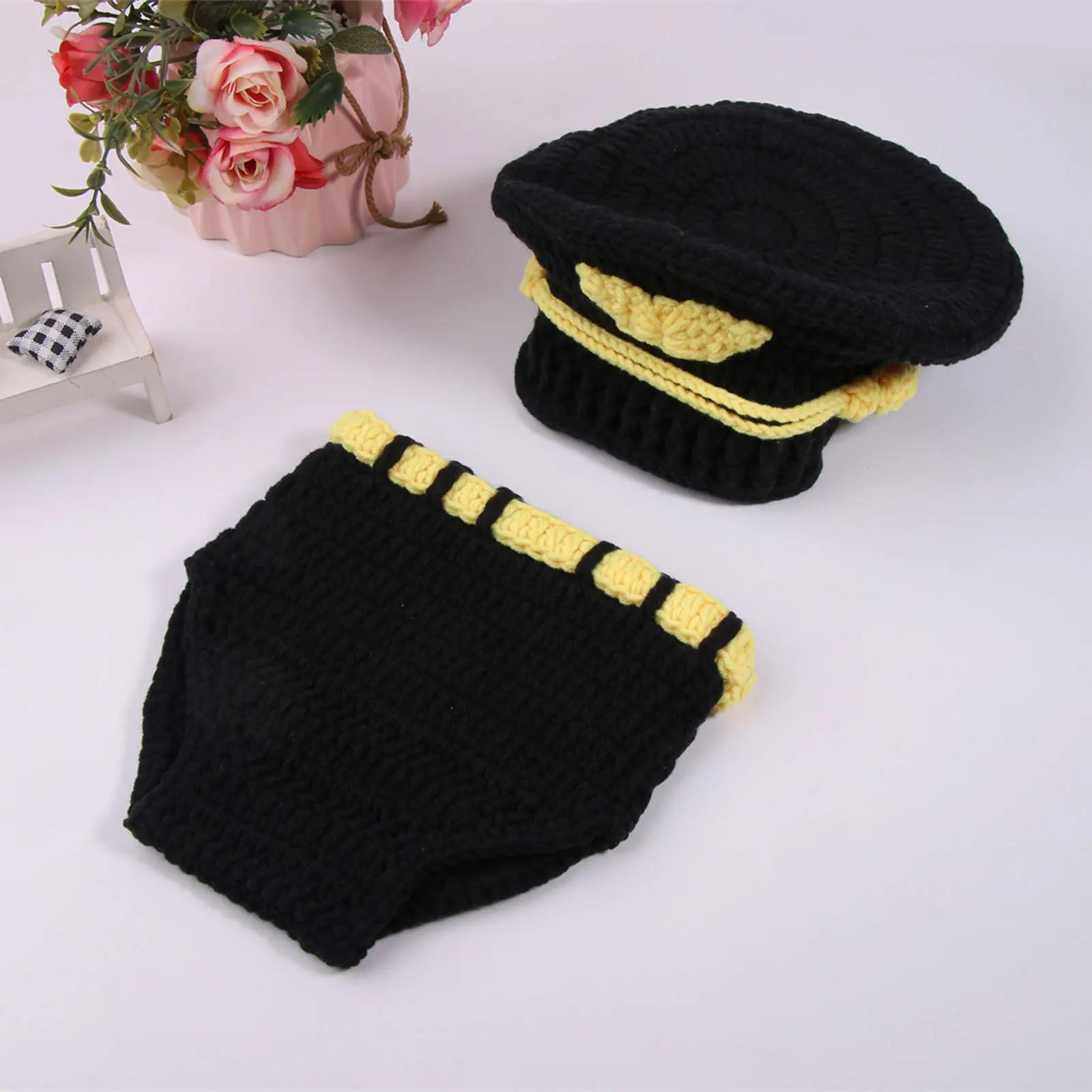 

Newborn Full Moon Art Photography Clothing Children Photography Props Handwoven Police Three Piece Set for 0 to 3 months baby One Size чорний