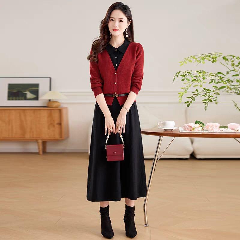 

2025 New Autumn & Winter Two-Piece Knitted Patchwork Wool Dress Set - Chic & Stylish 3XL for 130-145 lbs