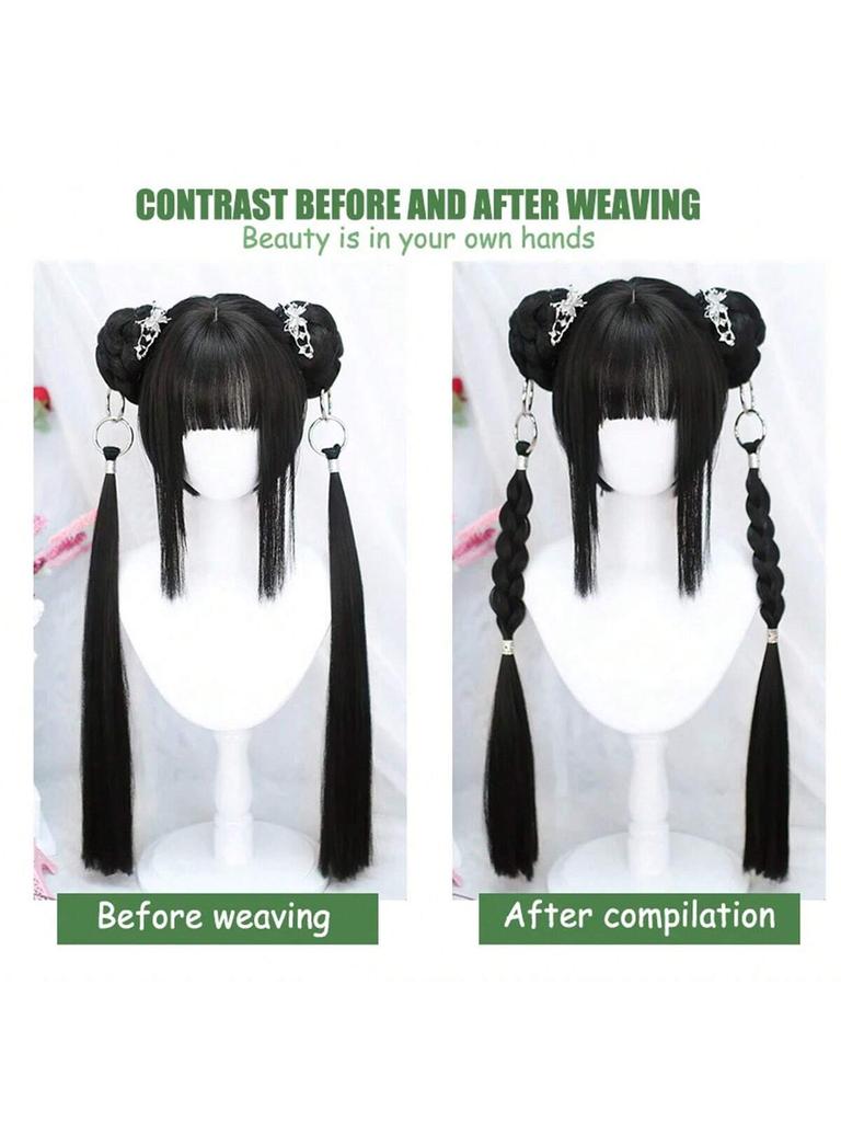 Anime-Inspired Cosplay Wig with Bangs - Heat Resistant, Straight Black & Blue Highlights, Dual Ponytails for Kawaii Look