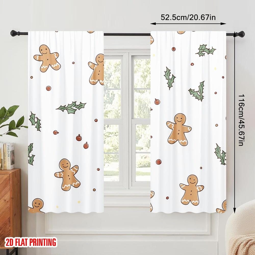 2pcs,2D Plane Printing Contemporary Curtains Gingerbread Christmas Holly Cute (3) Polyester Easy Install (without Rod)