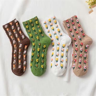 4pairs/set 3D Relief Cute Retro Pastoral Style Sweet Floral Midtube Socks for Women Girl Comfortable Soft
