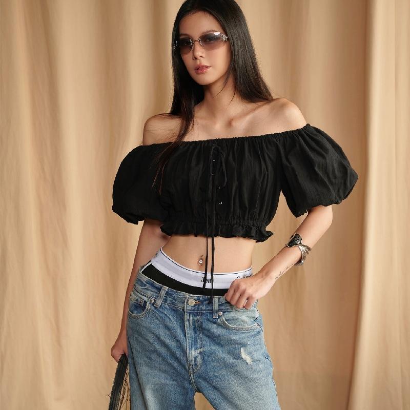 ins European and American style summer new sexy pure desire sweet word shoulder pleated strap bubble sleeve top women