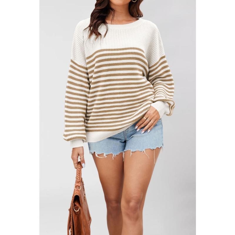 Autumn and winter new fashion striped color matching knitted sweater long sleeve crew neck large size sweater women's clothing