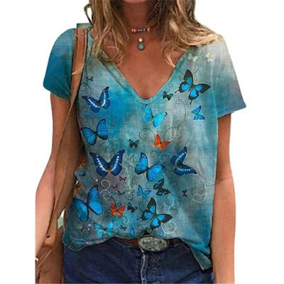 T-shirt da donna con stampa 3D di farfalle alla moda, T-shirt da donna con scollo a V, magliette oversize, top da donna, abbigliamento estivo streetwear Harajuku Y2k