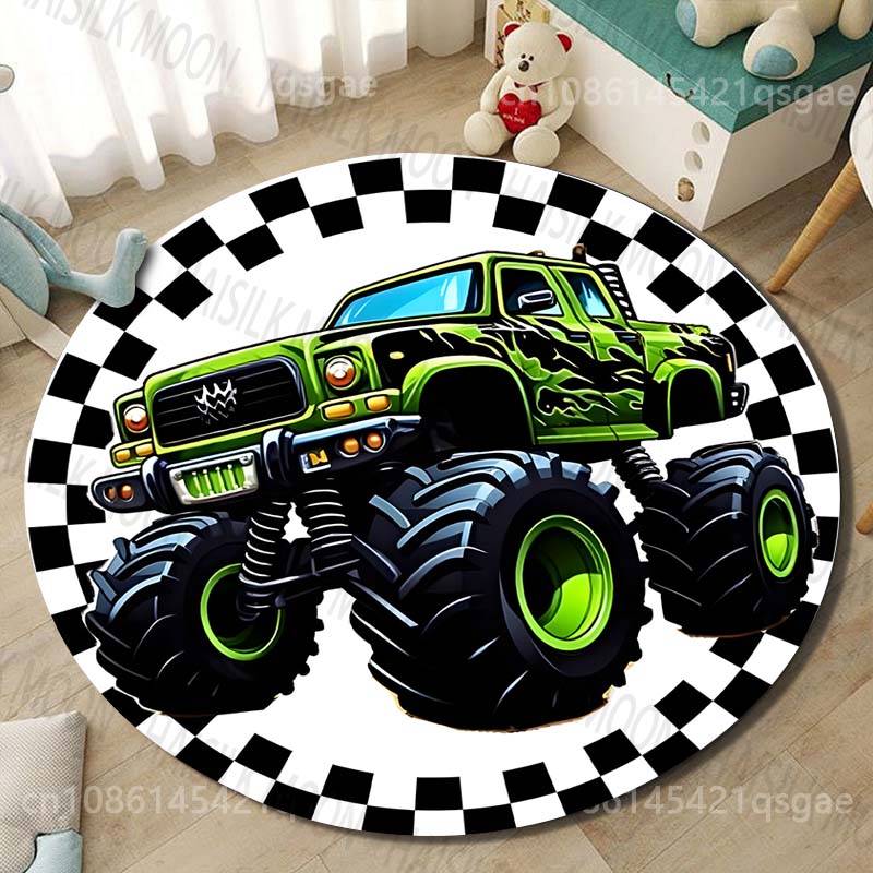 1PC Cartoon Monster Truck Print Round Carpet for Living Room Rugs Flannel Anti-Slip Rug for Bedroom Sofa Table Home Area Rug