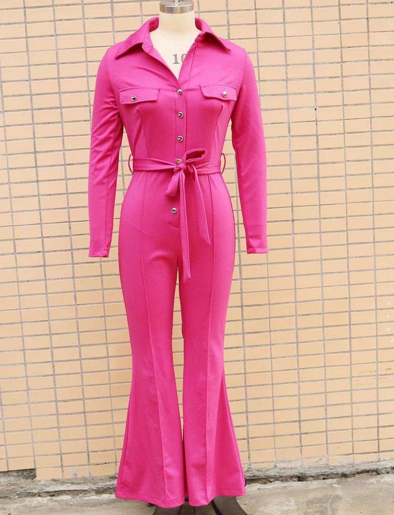 2025 Autumn/Winter Long-Sleeve Shirt Collar Jumpsuit with Mid-Waist Long Pants