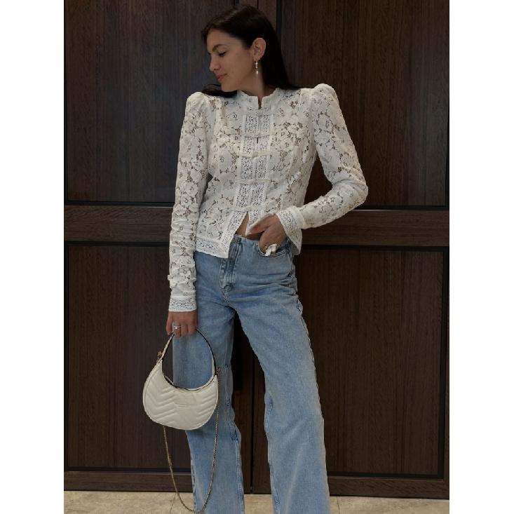 Nová krajková háčkovaná květinová dámská košile Módní dojíždění Dlouhý rukáv Kardigan Top Retro Slim Stojáček Dámské halenky