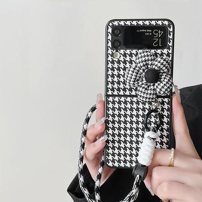 Trendy Brand Personalized Application Samsung Zflip3-4 Black And White Thousand Bird Grid Flower Portable Rope Bow Protective Cover