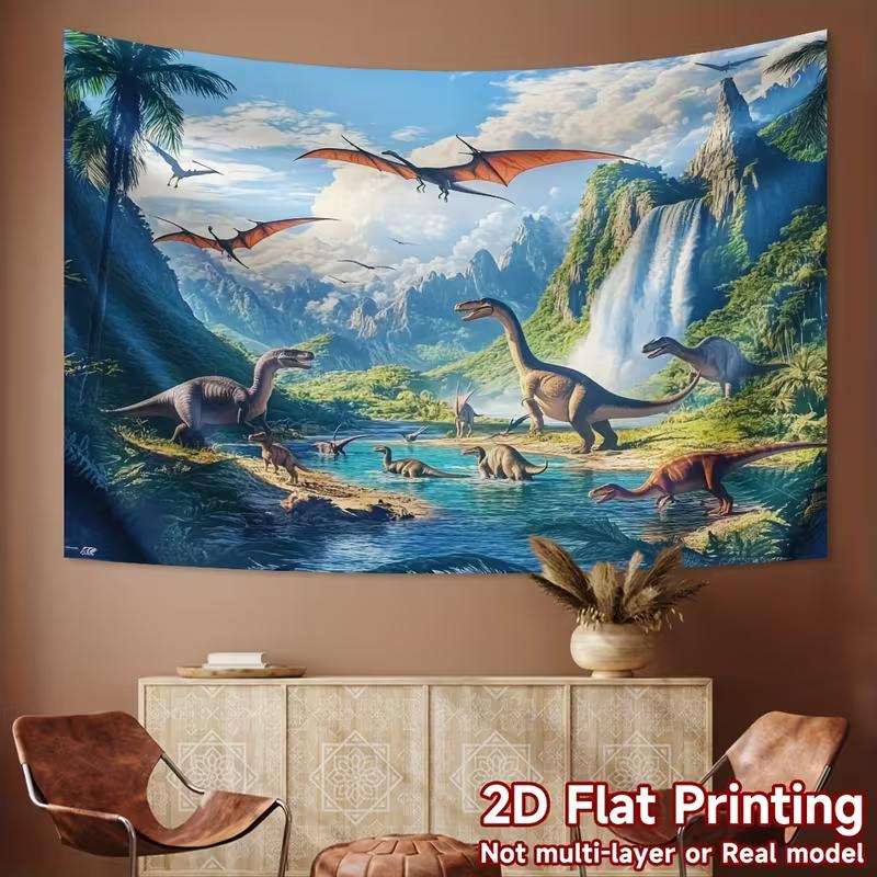 Realistic Dinosaur Tapestry, 150x100cm Prehistoric Waterfall & Mountain Wall Decor for Boys Room & Birthday Party