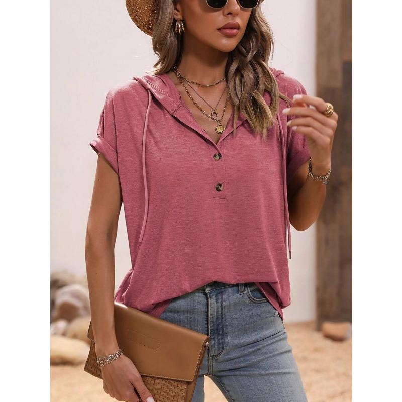 Summer Short Sleeved Hooded Women T-shirt New Loose Buttons Casual Simple T Shirt Female Plus Size Tops Women's Clothing 3267