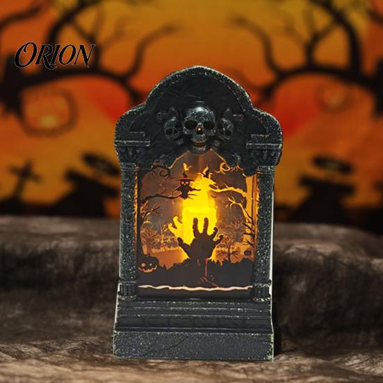 Gothic Home Ornament Tombstone Candle Lantern, LED Lighted Spooky Graveyard Table Lamp, Halloween Bar Cafe Desktop Small Night Light for Haunted House
