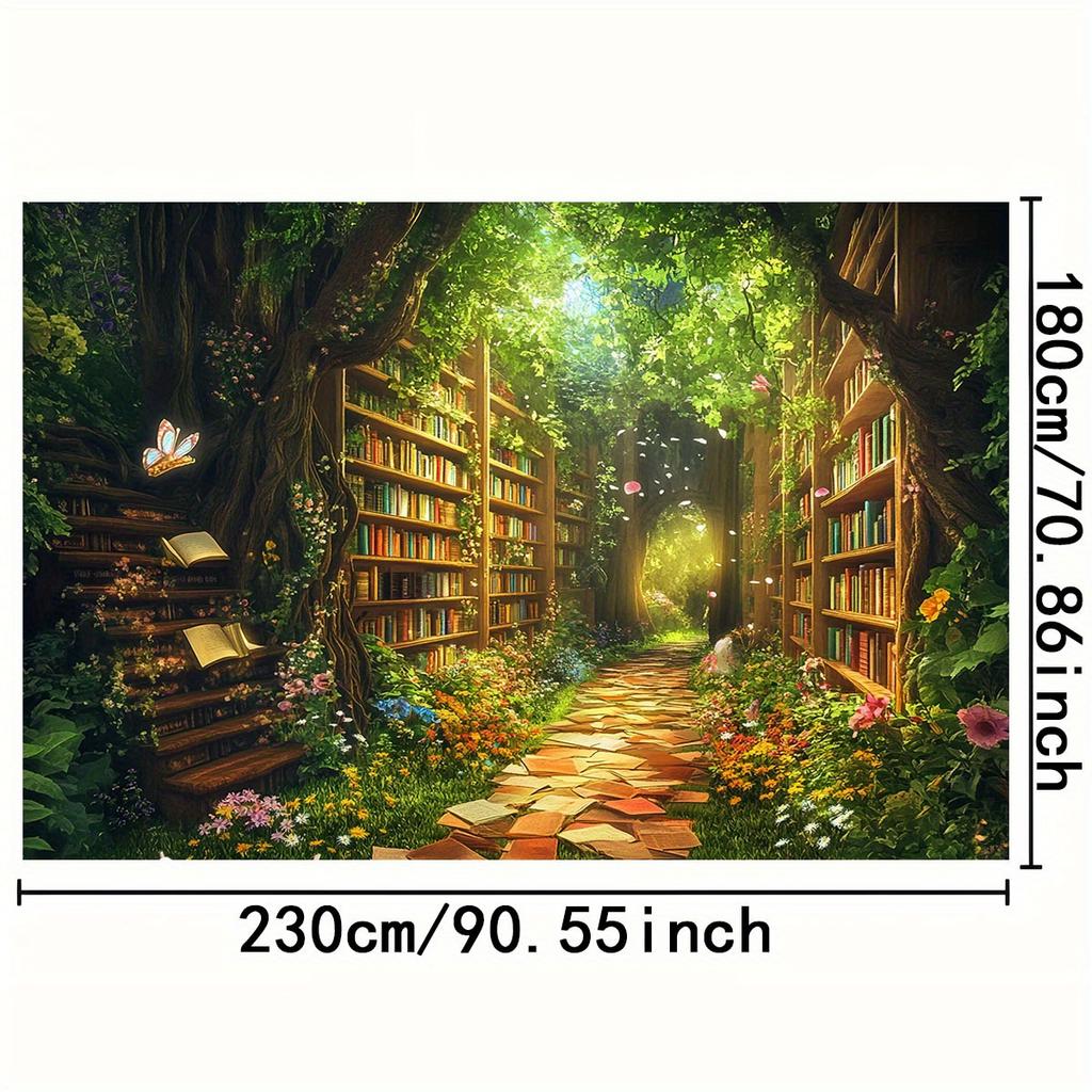2D plane, 1 piece of background cloth "Embark on a magical journey through the forest library, experiencing nature and reading"