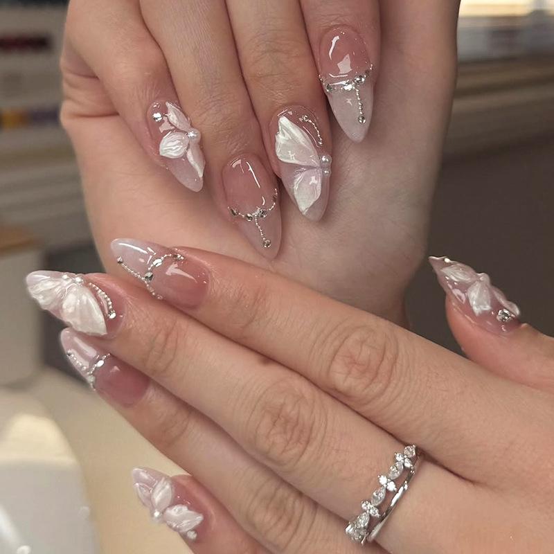 24 UNIDADES Unhas Postiças Francesas Gradiente Roxo Verde Aurora Borboleta Estrela Prateada Doce Cool Unhas Postiças de Alta Qualidade Desgastáveis