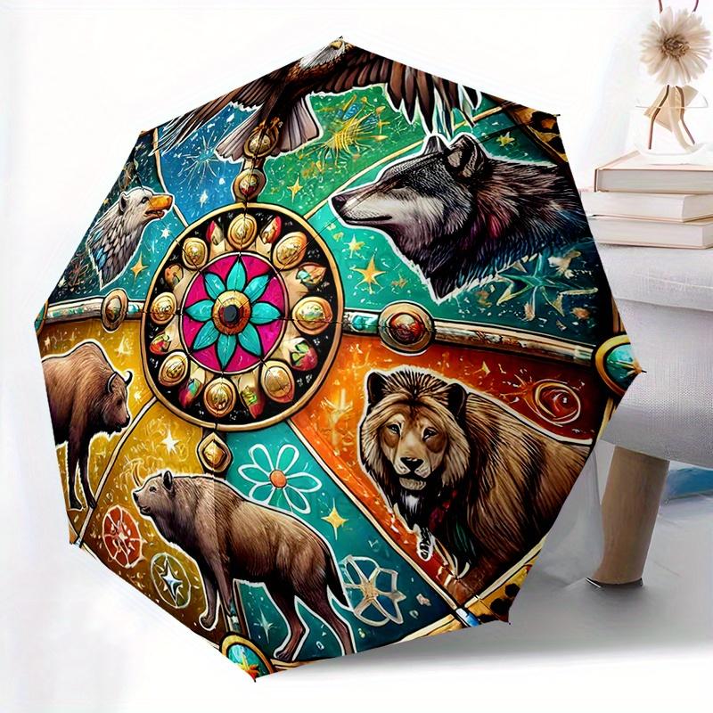 

1pc Automatic Open/Close Umbrella with Windproof 8-Rib Construction, Compact Folding Canopy - Wolf & Mandala Design in Teal, G (as the picture,Iron&8K)