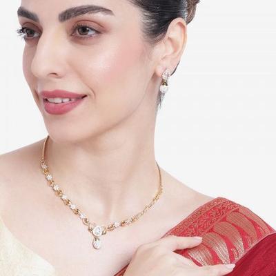 Conjunto de colar Designer com zircônia floral e pedras brancas, banhado a ouro e banhado a ródio, para mulheres