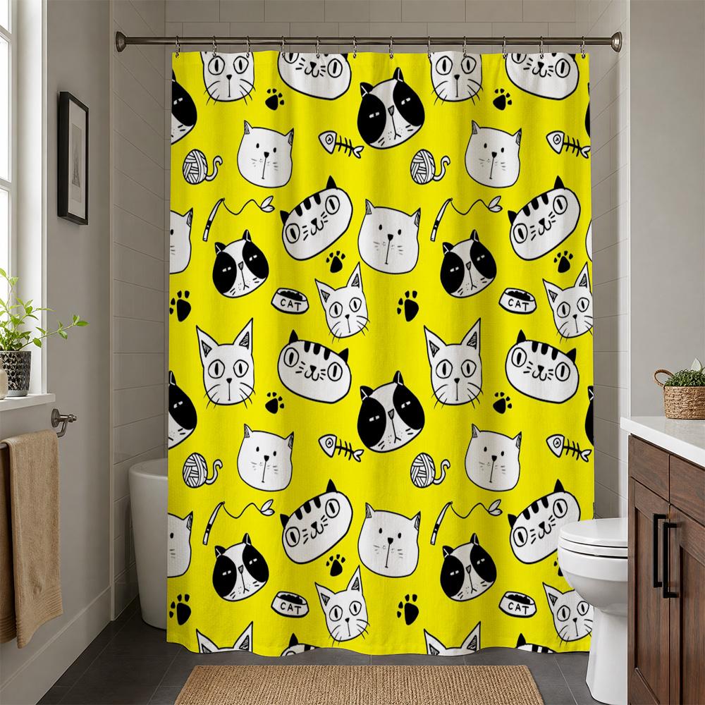 Funny Cat Print Shower Curtain Liner Waterproof Yellow Background Animal Decor for Bathroom Shower Curtain Bath Room Home