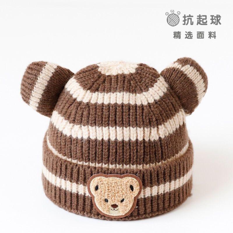 Baby autumn and winter children's knitted hats male and female baby striped bear head wool hat curled edge melon rind warm hat