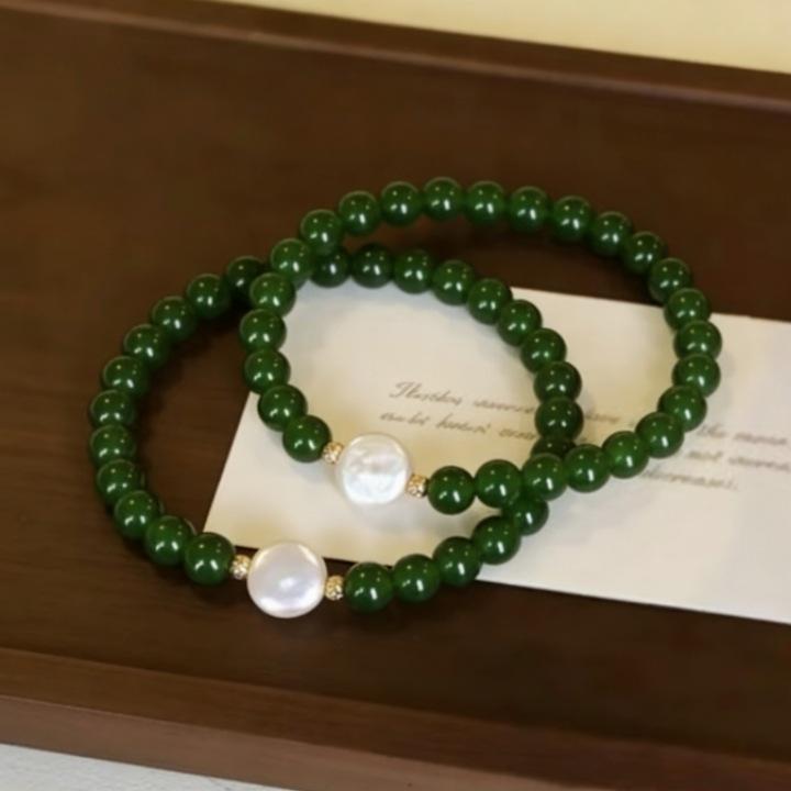 Green Chalcedony & Baroque Freshwater Pearl Adjustable Elastic Bracelet - New Chinese Style Agate Beaded Design