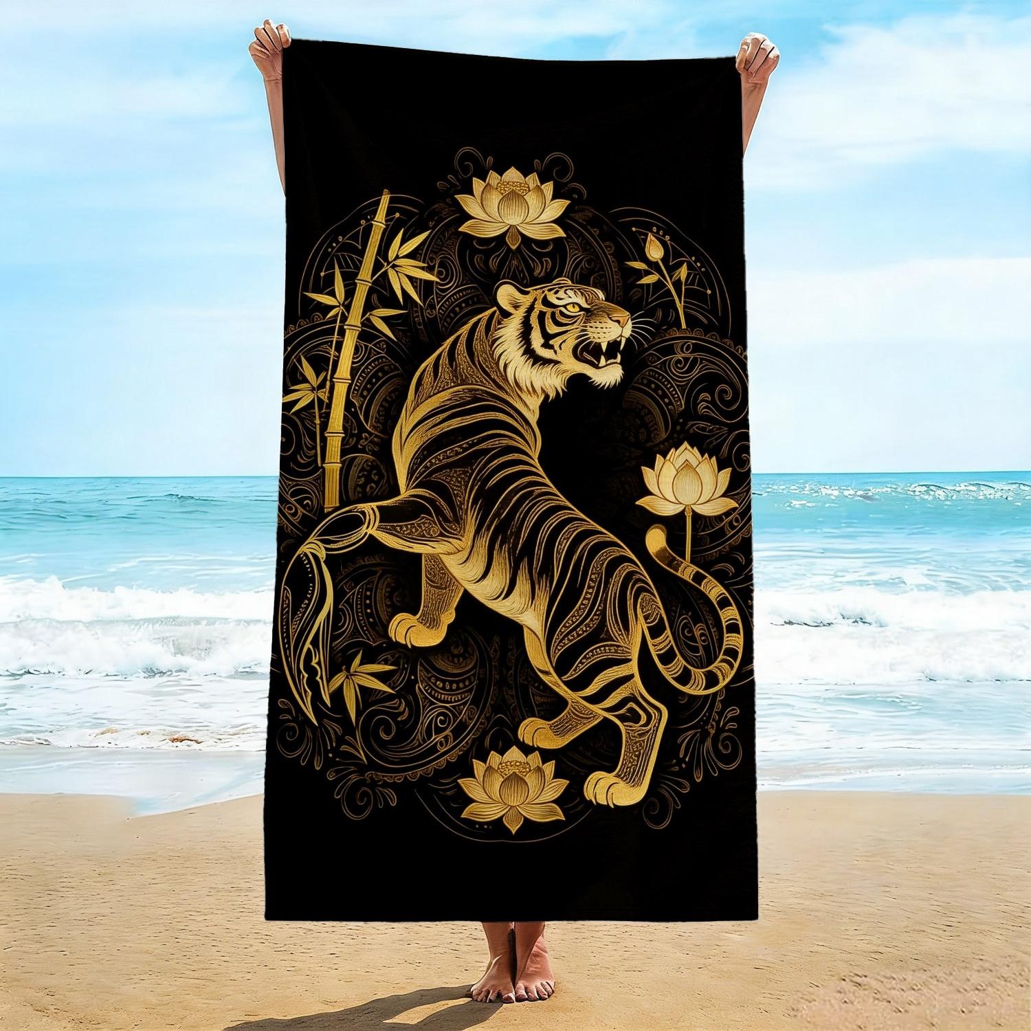 

Golden Tiger Beach Towel, Ornate Tiger with Lotus Bamboo Print Oversized Bath Towel, Soft Quick Dry Asian Inspired Beach Blanket W40*H60(CM)