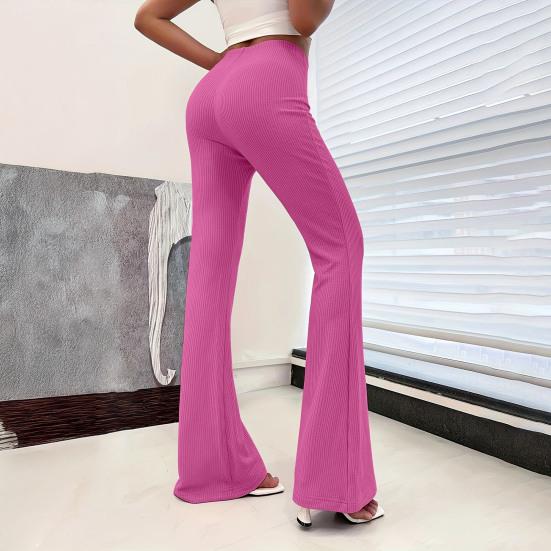 Women Flared Pants Elastic High Waist Solid Color Long Pants Ribbed Texture Yoga Running Cycling Trousers