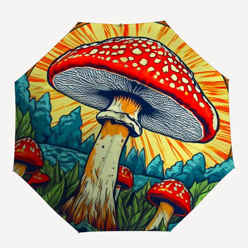 Psychedelic Mushroom Forest StickerUmbrella with Cute Design,Portable 3-Fold Compact Umbrella for Men&Women,Valentine's Day Mother's Day Hal