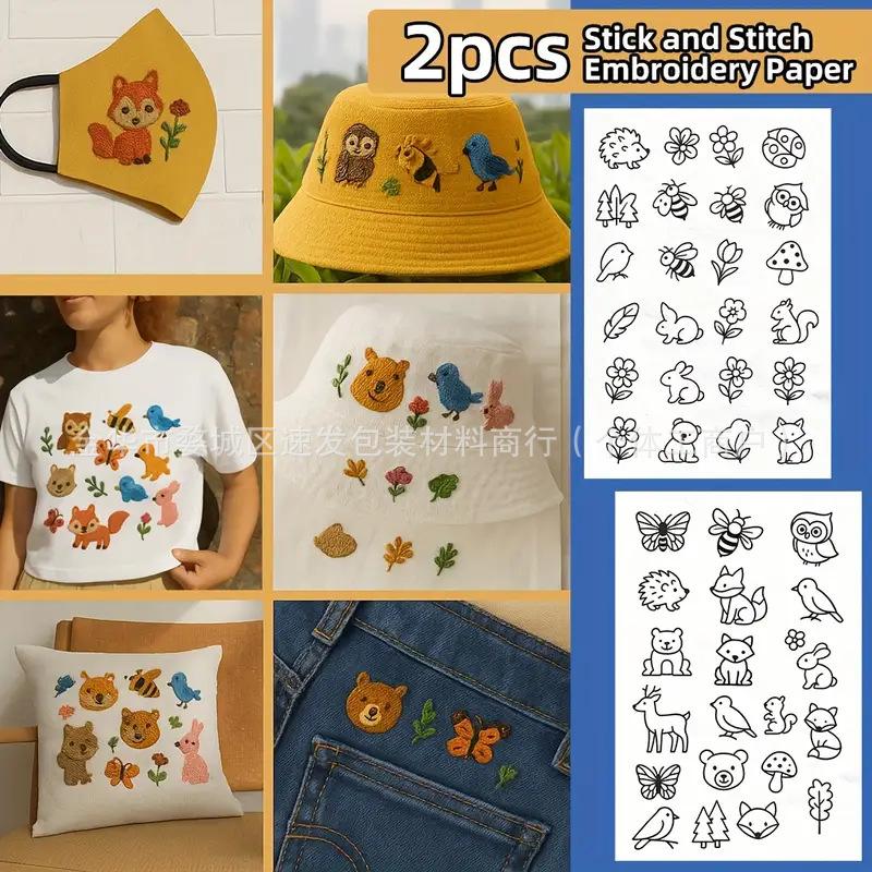 Stickstich Stickvlies Transferpapier mit vorgedrucktem Muster Wasserlöslich Auswaschbar Handnähnadel Faden Set