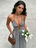 European and American Summer Striped Deep V Neck Dress Holiday Wind Backless Waist Thin Dress