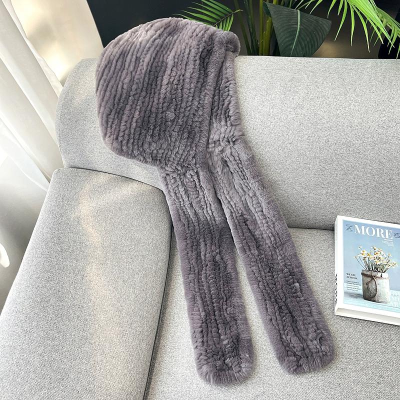 Rex Rabbit Fur Hat Scarf Integrated Snow Cap Winter Warm Ear Protection Shawl Windproof Cap Outdoor Men's and Women's