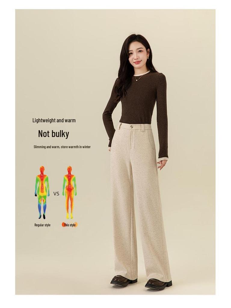 Guang Mei Women's 2025 Winter Velvet-Enhanced Silk Wool Straight-Leg Pants: Slimming, Casual, and Wide-Leg Fit