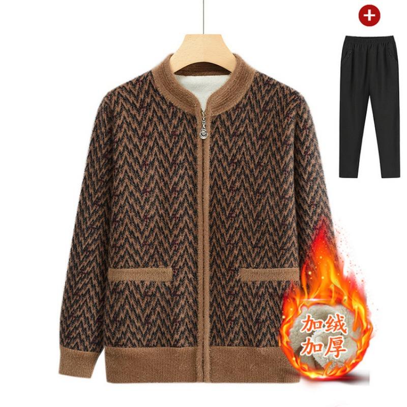 Mom autumn and winter crew neck cardigan fleece thermal top medium and old loose casual comfortable grandma coat