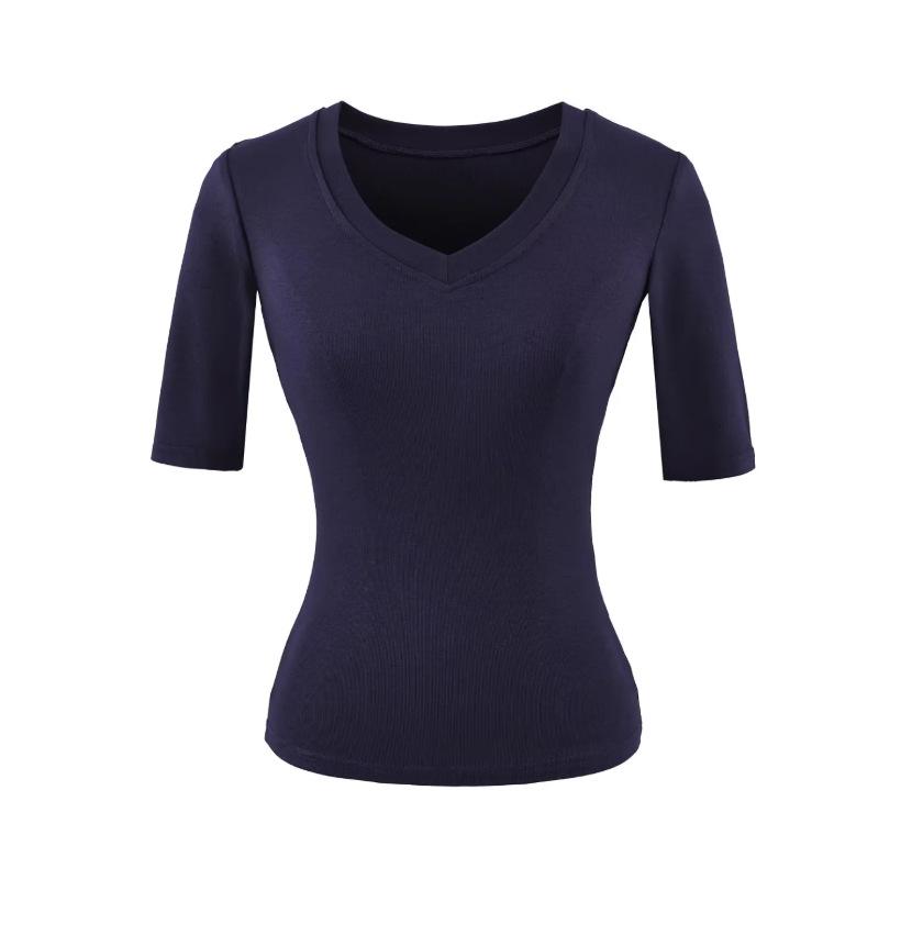 V-neck medium-sleeved T-shirt women's summer new American Spice Girl solid color slim-fitting and thin basic bottoming shirt top
