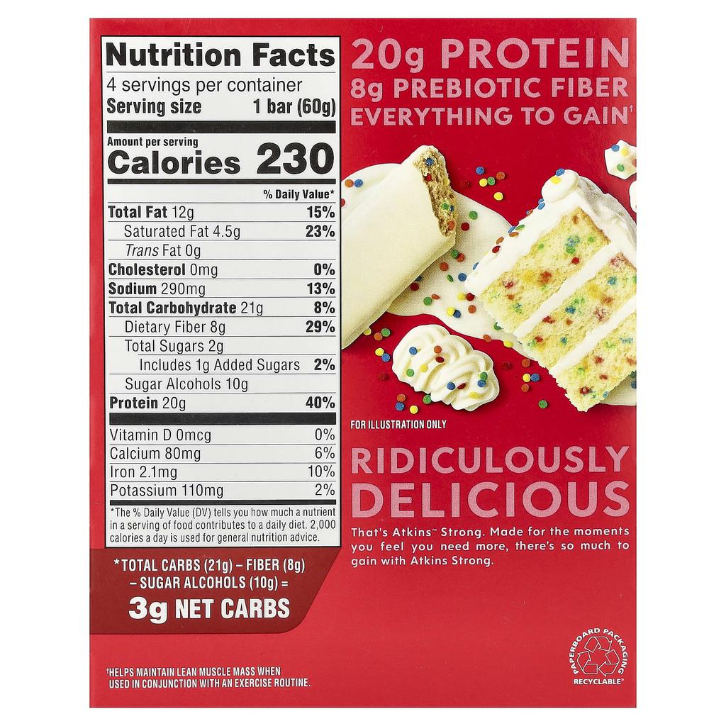 Powerful High Protein Bar, Birthday Cake, 4 Bars, 60G (2.12Oz) Each